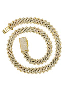 Iced Out Diamond Prong Cuban Link Yellow Gold Chain