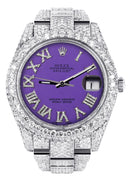 Womens Diamond Iced Out Rolex Datejust 41 | 25 Carats Of Diamonds | Custom Purple Roman Numeral Diamond Dial | Two Row | Oyster Band