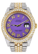 Womens Diamond Iced Out Rolex Datejust 41 | 25 Carats Of Diamonds | Custom Purple Roman Numeral Diamond Dial | Two Tone | Two Row | Jubilee Band