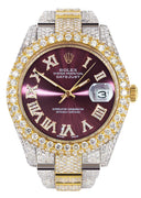 Womens Diamond Iced Out Rolex Datejust 41 | 25 Carats Of Diamonds | Purple Roman Numeral Dial | Two Tone | Two Row | Oyster Band