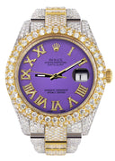 Diamond Iced Out Rolex Datejust 41 | 25 Carats Of Diamonds | Custom Purple Roman Numeral Diamond Dial | Two Tone | Two Row | Oyster Band
