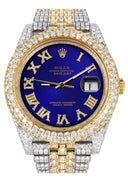 Diamond Iced Out Rolex Datejust 41 | 25 Carats Of Diamonds | Custom Royal Blue Roman Numeral Diamond Dial | Two Tone | Two Row | Jubilee Band