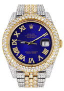 Womens Diamond Iced Out Rolex Datejust 41 | 25 Carats Of Diamonds | Custom Royal Blue Roman Numeral Diamond Dial | Two Tone | Two Row | Jubilee Band