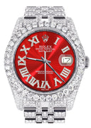 Iced Out Rolex Datejust 36 MM | Stainless Steel | 16.5 Carats of Diamonds | Red Roman Diamond Dial | Jubilee Band | Model 116200