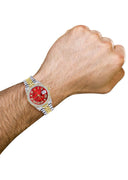 Diamond Gold Rolex Watch For Men 16233 | 36Mm | Red Mother of Pearl Roman Numeral Dial | Two Row 4.25 Carat Bezel | Jubilee Band