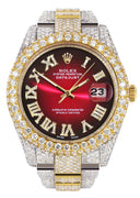 Womens Diamond Iced Out Rolex Datejust 41 | 25 Carats Of Diamonds | Red Black Roman Numeral Dial | Two Tone | Two Row | Oyster Band
