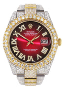 Diamond Iced Out Rolex Datejust 41 | 25 Carats Of Diamonds | Red Black Roman Numeral Dial | Two Tone | Two Row | Oyster Band