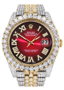 Diamond Iced Out Rolex Datejust 41 | 25 Carats Of Diamonds | Custom Red Black Dial | Two Tone | Jubilee Band