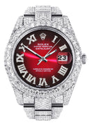 Diamond Iced Out Rolex Datejust 41 | 25 Carats Of Diamonds | Red Black Roman Numeral Dial | Two Row | Oyster Band