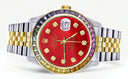 Diamond Gold Rolex Watch For Men 16233 | 36Mm | Rainbow Sapphire Bezel | Red Dial | Jubilee Band