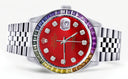 Diamond Gold Rolex Watch For Men 16200 | 36Mm | Rainbow Sapphire Bezel | Red Dial | Jubilee Band