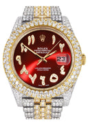 Womens Diamond Iced Out Rolex Datejust 41 | 25 Carats Of Diamonds | Custom Red Arabic Numeral Diamond Dial | Two Tone | Two Row | Jubilee Band