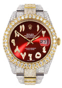 Diamond Iced Out Rolex Datejust 41 | 25 Carats Of Diamonds | Custom Red Arabic Numeral Diamond Dial | Two Tone | Two Row | Oyster Band