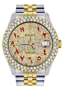 Diamond Gold Rolex Watch For Women 16233 | 36Mm | Custom Red Arabic Full Diamond Dial | Two Row 4.25 Carat Bezel | Jubilee Band