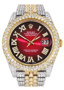 Womens Diamond Iced Out Rolex Datejust 41 | 25 Carats Of Diamonds | Red Black Dial | Two Tone | Two Row | Jubilee Band
