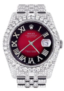 Iced Out Rolex Datejust 36 MM | Stainless Steel | 16.5 Carats of Diamonds | Red Black Roman Diamond Dial | Jubilee Band | Model 116200