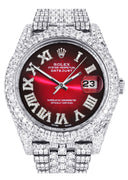Womens Diamond Iced Out Rolex Datejust 41 | 25 Carats Of Diamonds | Custom Red Black Roman Numeral Dial | Two Row | Jubilee Band