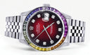 Diamond Gold Rolex Watch For Men 16200 | 36Mm | Rainbow Sapphire Bezel | Red Black Dial | Jubilee Band
