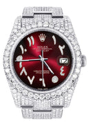 Iced Out Rolex Datejust 36 MM | Stainless Steel | 16.5 Carats of Diamonds | Red Black Arabic Diamond Dial | Oyster Band | Model 116200