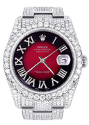 Iced Out Rolex Datejust 36 MM | Stainless Steel | 16.5 Carats of Diamonds | Red Black Roman Diamond Dial | Oyster Band | Model 116200
