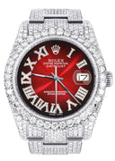 Iced Out Rolex Datejust 36 MM | Stainless Steel | 16.5 Carats of Diamonds | Red Black Roman Diamond Dial | Oyster Band | Model 116200