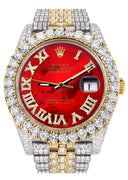 Diamond Iced Out Rolex Datejust 41 | 25 Carats Of Diamonds | Custom Red Mother of Pearl Roman Numeral Diamond Dial | Two Tone | Jubilee Band
