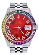 Diamond Gold Rolex Watch For Men 16200 | 36Mm | Rainbow Sapphire Bezel | Red Pearl Roman Numeral Dial | Jubilee Band