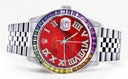 Diamond Gold Rolex Watch For Men 16200 | 36Mm | Rainbow Sapphire Bezel | Red Pearl Roman Numeral Dial | Jubilee Band