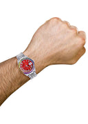 Diamond Gold Rolex Watch For Men 16200 | 36Mm | Rainbow Sapphire Bezel | Red Pearl Roman Numeral Dial | Jubilee Band