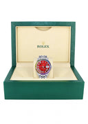 Diamond Gold Rolex Watch For Men 16200 | 36Mm | Rainbow Sapphire Bezel | Red Pearl Roman Numeral Dial | Jubilee Band