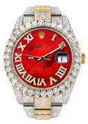 Diamond Iced Out Rolex Datejust 41 | 25 Carats Of Diamonds | Custom Red Mother of Pearl Roman Numeral Diamond Dial | Two Tone | Oyster Band