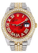 Diamond Iced Out Rolex Datejust 41 | 25 Carats Of Diamonds | Custom Red Mother of Pearl Roman Numeral Diamond Dial | Two Tone | Two Row | Jubilee Band