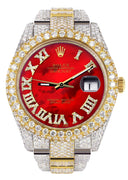 Womens Diamond Iced Out Rolex Datejust 41 | 25 Carats Of Diamonds | Custom Red Mother of Pearl Roman Numeral Diamond Dial | Two Tone | Two Row | Oyster Band