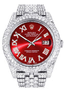 Womens Diamond Iced Out Rolex Datejust 41 | 25 Carats Of Diamonds | Custom Red Roman Numeral Diamond Dial | Two Row | Jubilee Band