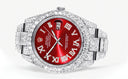 Womens Diamond Iced Out Rolex Datejust 41 | 25 Carats Of Diamonds | Custom Red Roman Numeral Diamond Dial | Two Row | Oyster Band