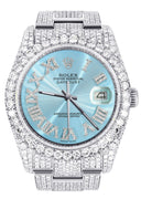 Iced Out Rolex Datejust 36 MM | Stainless Steel | 16.5 Carats of Diamonds | Light Blue Roman Diamond Dial | Oyster Band | Model 116200