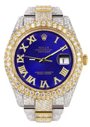 Womens Diamond Iced Out Rolex Datejust 41 | 25 Carats Of Diamonds | Custom Royal Blue Roman Numeral Diamond Dial | Two Tone | Two Row | Oyster Band