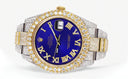 Womens Diamond Iced Out Rolex Datejust 41 | 25 Carats Of Diamonds | Custom Royal Blue Roman Numeral Diamond Dial | Two Tone | Two Row | Oyster Band