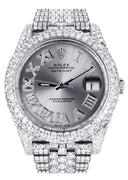 Diamond Iced Out Rolex Datejust 41 | 25 Carats Of Diamonds | Custom Silver Roman Numeral Diamond Dial | Two Row | Jubilee Band