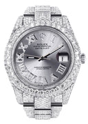 Womens Diamond Iced Out Rolex Datejust 41 | 25 Carats Of Diamonds | Custom Silver Roman Numeral Diamond Dial | Two Row | Oyster Band