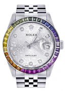 Diamond Gold Rolex Watch For Men 16200 | 36Mm | Rainbow Sapphire Bezel | Silver Texture Dial | Jubilee Band