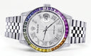 Diamond Gold Rolex Watch For Men 16200 | 36Mm | Rainbow Sapphire Bezel | Silver Texture Roman Numeral Dial | Jubilee Band