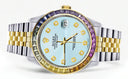 Diamond Gold Rolex Watch For Men 16233 | 36Mm | Rainbow Sapphire Bezel | Light Blue Dial | Jubilee Band