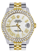 Diamond Gold Rolex Watch For Men 16233 | 36Mm | Diamond White Roman Numeral Dial | Two Row 4.25 Carat Bezel | Jubilee Band