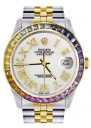 Diamond Gold Rolex Watch For Men 16233 | 36Mm | Rainbow Sapphire Bezel | Diamond White Roman Numeral Dial | Jubilee Band