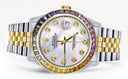 Diamond Gold Rolex Watch For Men 16233 | 36Mm | Rainbow Sapphire Bezel | Light Mother Of Pearl Dial | Jubilee Band